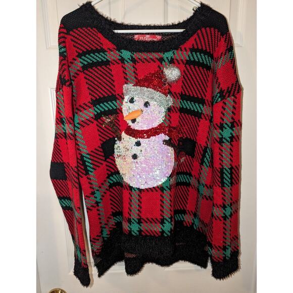 Womens Ugly Christmas Sweater 33 degrees Plaid Sequin Snowman Holiday Size Large - Picture 1 of 11